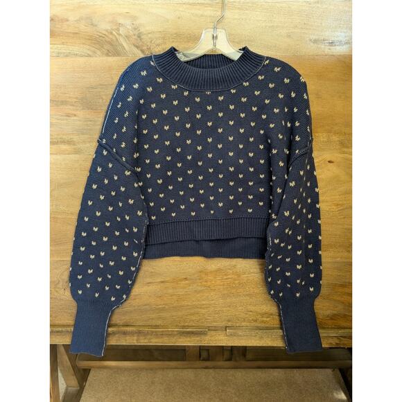 Free People Cropped Sweater Womens XS Navy Easy Street Pattern Long Sleeve NWT - Picture 1 of 4